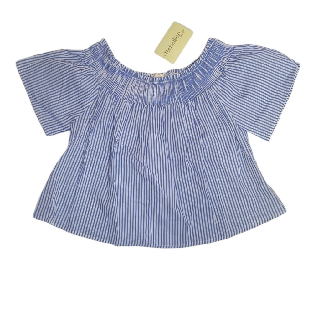 NEW Rebellion Again off the shoulder blue striped boho‎ top blouse S